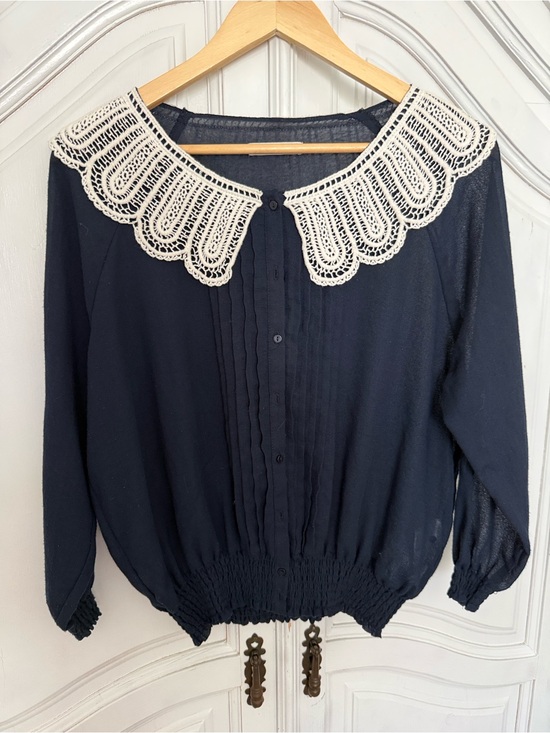 Lowrys Farm Tops - Lowrys Farm Navy Sheer Crochet Collar Blouse, Size M - Cottagecore